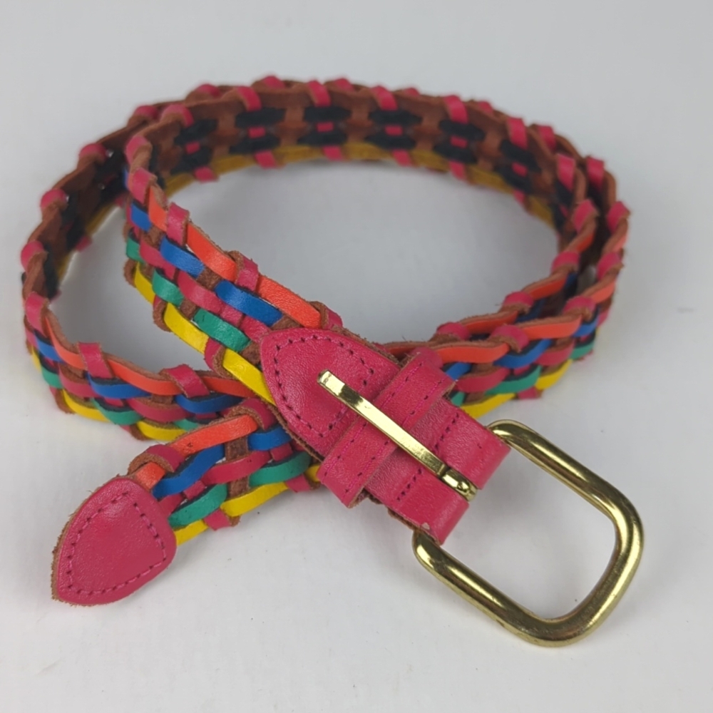 VINTAGE 80s Pink Rainbow Leather Braided Belt M/L